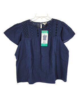 Blue Eyelet Lace Top XL Short Sleeve Boho Cotton Blouse Lightweight Summer